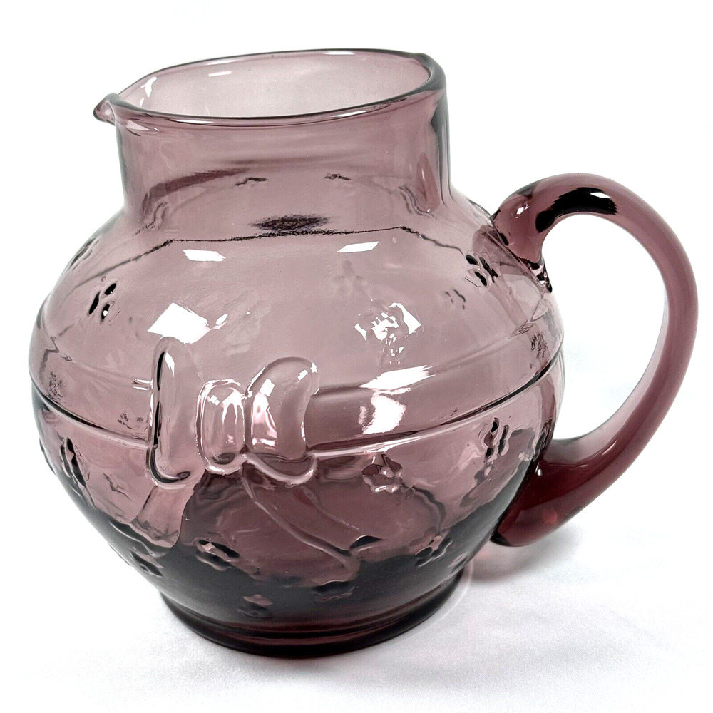 VTG Crownford Giftware 1988 Amethyst Rose Pink Art Glass Pitcher Bow Flowers